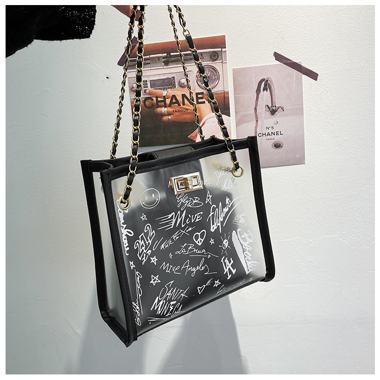 Túi Xách Tote Cỡ Lớn Trong Suốt Họa Tiết Graffiti Phối Dây Xích Thời Trang Cho Nữ