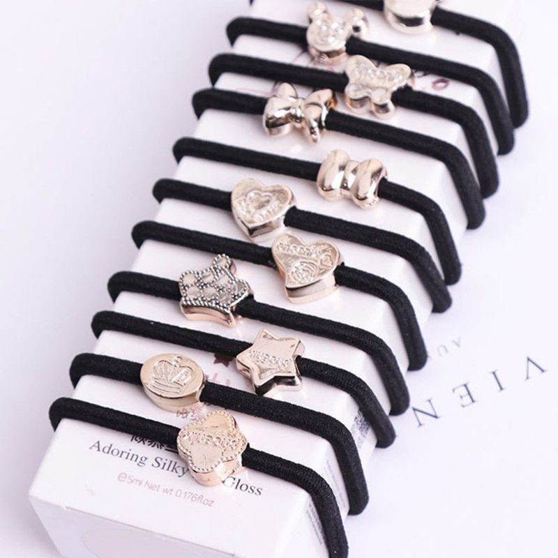 Set 10 Dây Cột Tóc Co Giãn Màu Đen / Vàng Kim Họa Tiết Hoạt Hình Phong Cách Hàn Quốc Cho Nữ