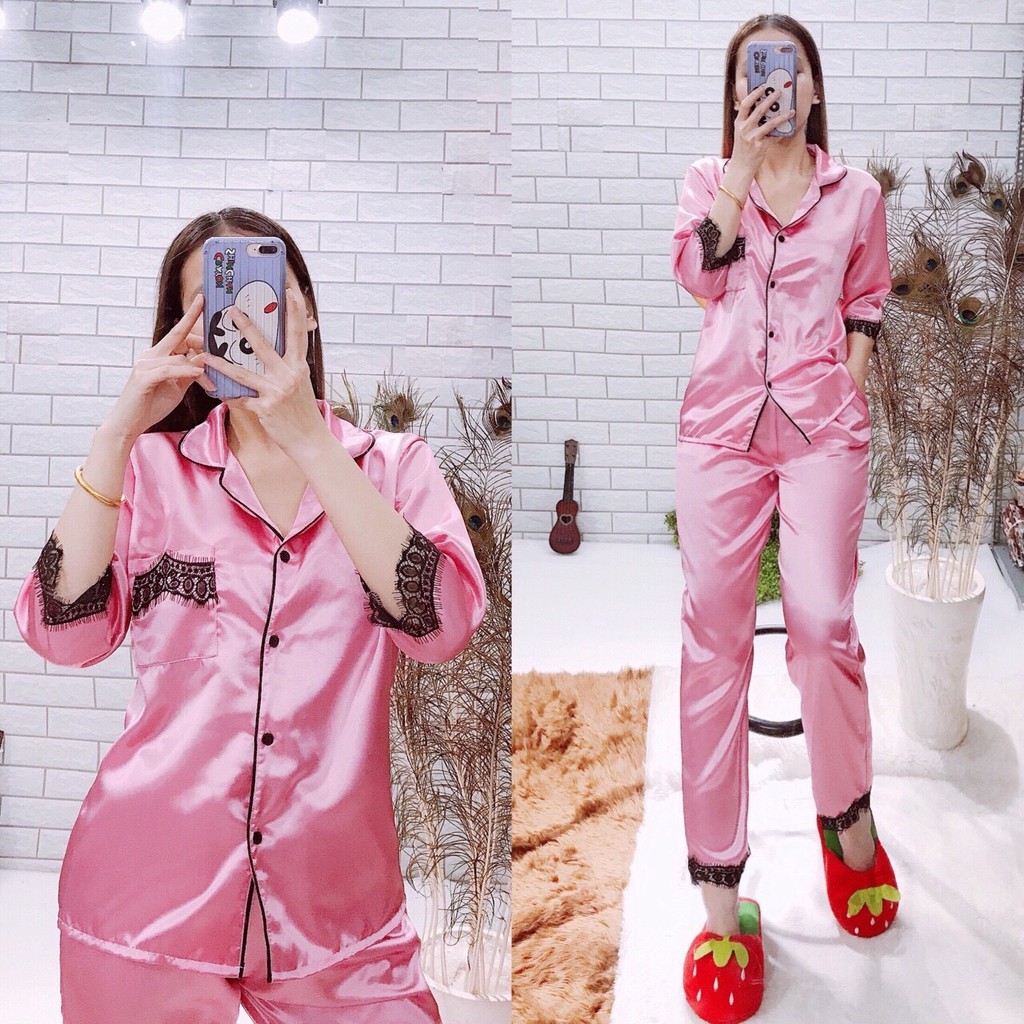 ĐỒ NGỦ PHI LỤA CAO CẤP PHỐI REN - PIJAMA NỮ - TAY LỬNG QUẦN DÀI - QUEEN PIJAMA SHOP | BigBuy360 - bigbuy360.vn