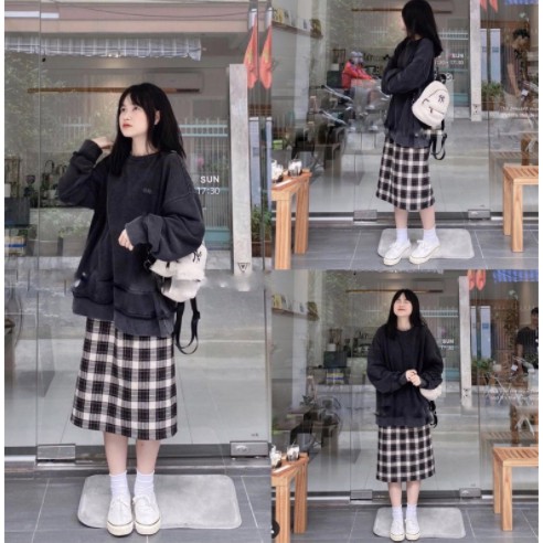 Chân váy dài, chân váy kẻ caro 2 màu đen nâu Quảng Châu CV12 | BigBuy360 - bigbuy360.vn