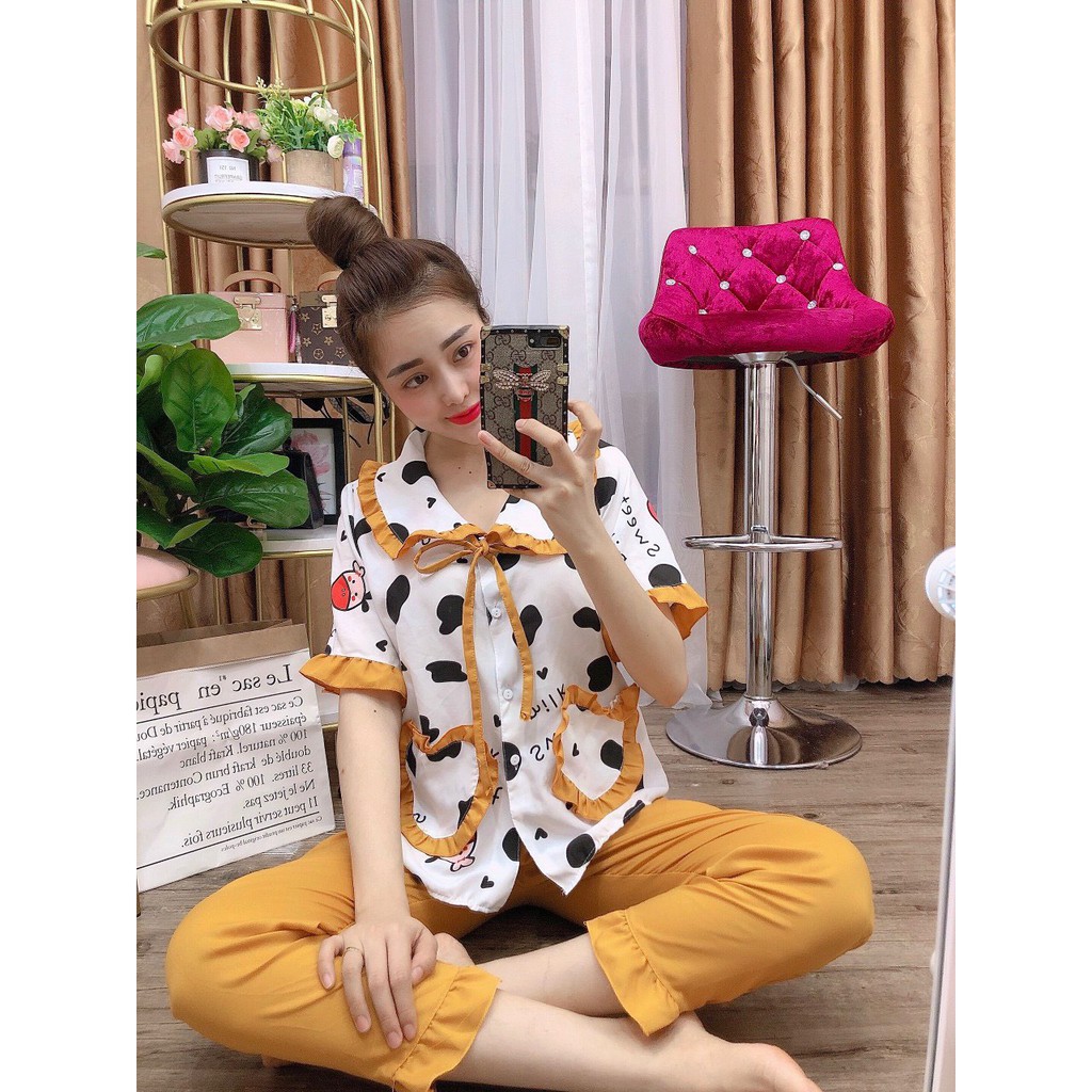 Đồ Bộ Pijama Dài Phối Hai Túi Tiểu Thư Xinh Xắn, Vải Kate Lụa Mềm Mịn Thoáng Mát, Freesize Dưới 57kg