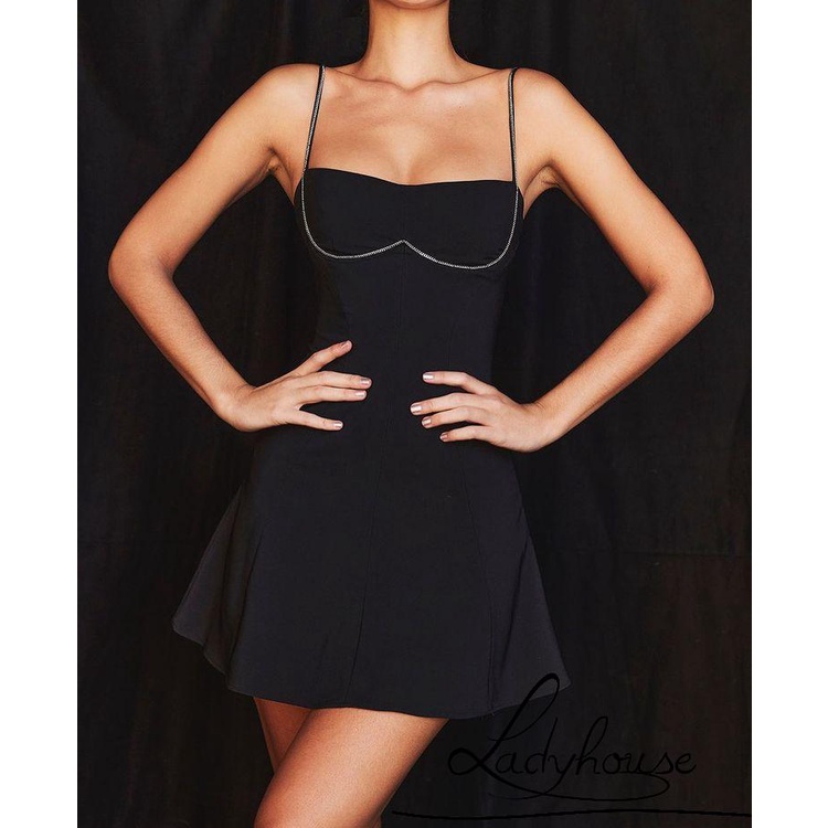 Đầm Chữ A Hai Dây Hở Lưng Màu Đen Thời Trang Mùa Hè Cho Nữ