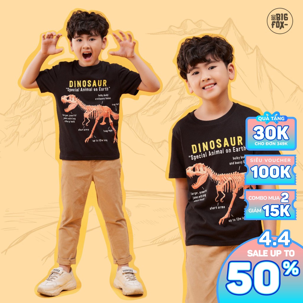 Áo Phông Bé Trai Bigfox, Áo Cộc Tay Trẻ Em, Khủng Long Dinosaur 3-11, Chất Cotton Xuất