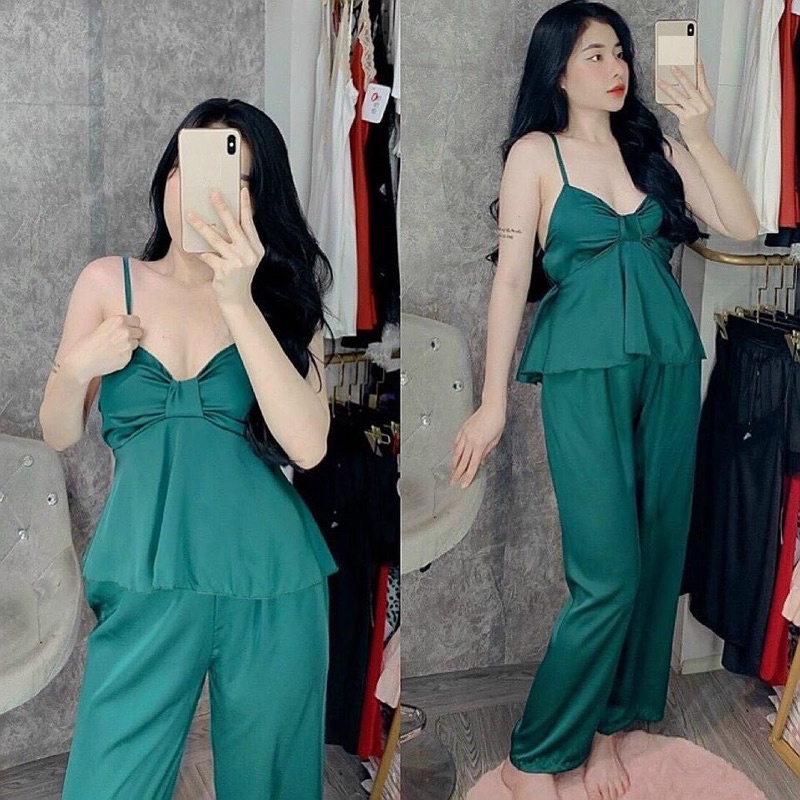 Set bộ ngủ hai dây dài nơ lụa satin cao cấp | BigBuy360 - bigbuy360.vn