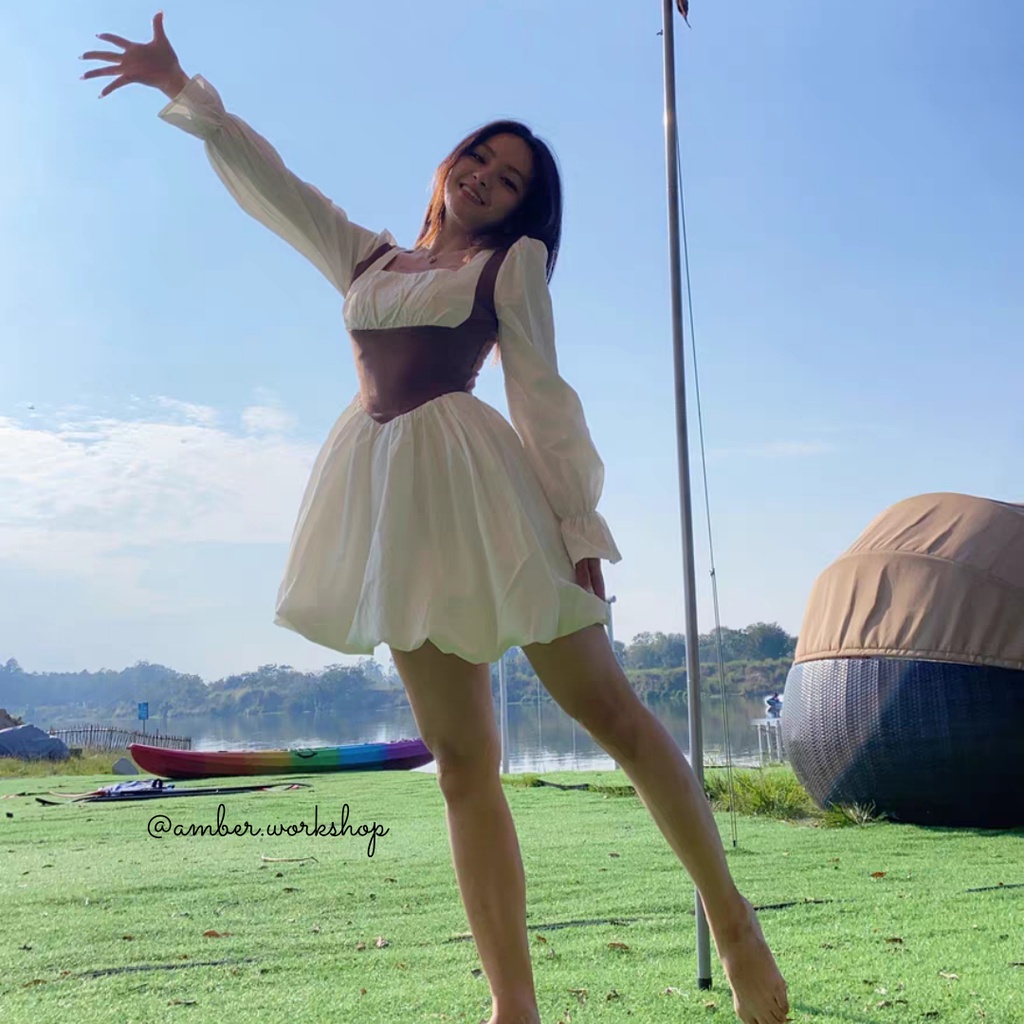 Đầm xòe tay dài bo eo DR002