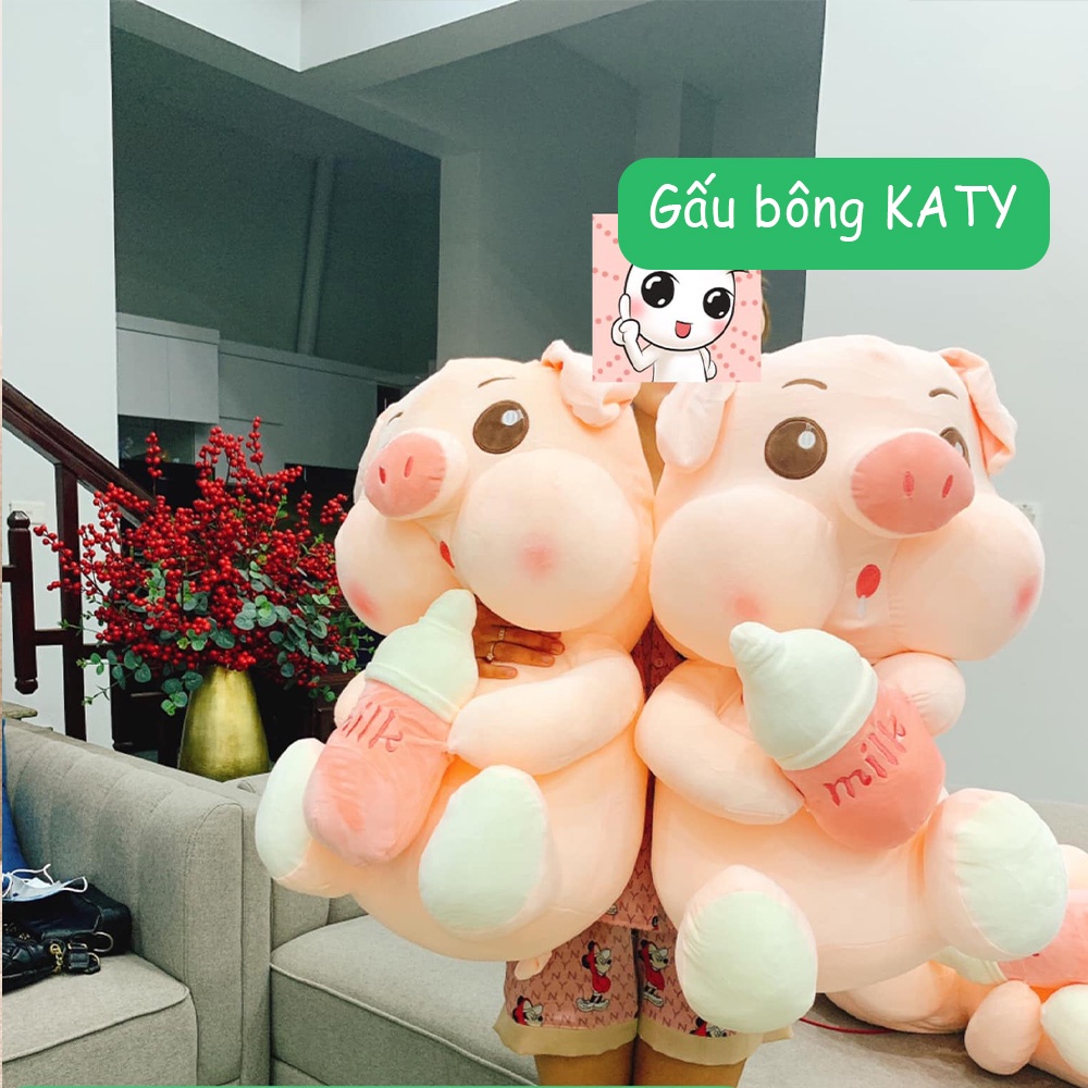 Gấu bông heo ôm bình sữa đáng yêu 80cm/60cm, Thú nhồi bông heo chất liệu 100% bông gòn vải nhung siêu mềm mịn