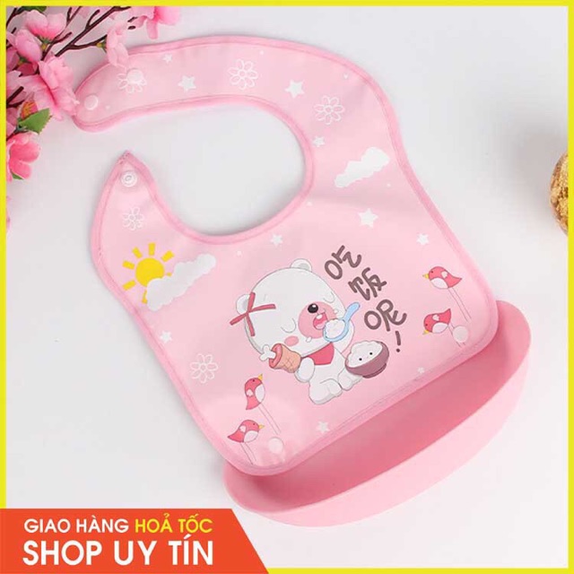 Yếm Ăn Dặm Chống Thấm Có Máng Silicon Cho Bé