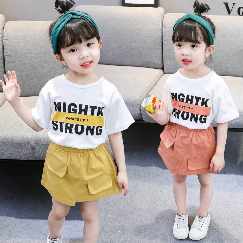 Set váy rời cotton cộc tay in chữ bé gái 1-5 tuổi