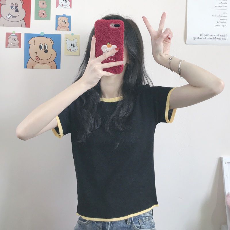 AMOI Áo polo Dệt Kim Tay Ngắn Cổ Tròn Thời Trang Hàn Quốc Cho Nữ