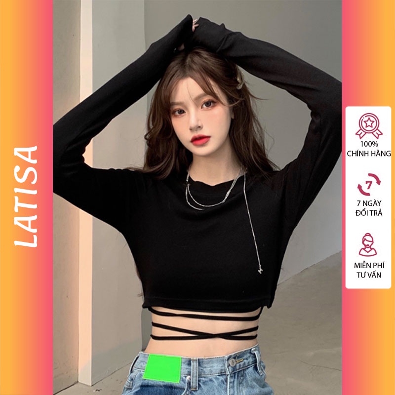 Áo croptop nữ dài tay ôm body cột dây eo cổ tròn kiểu hàn quốc thun gân đen trắng LATISA CRD02