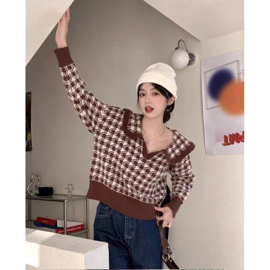 Áo Len Nữ Tay Dài Cổ Búp Bê Họa Tiết Caro Phong Cách Hàn Quốc Cổ Điển Cho Nữ HAVIVI SHOP | BigBuy360 - bigbuy360.vn