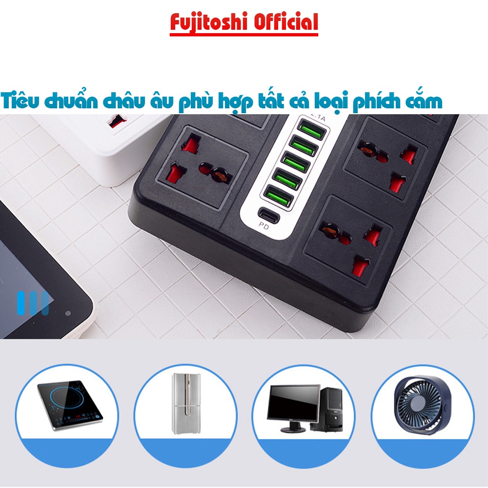 Ổ cắm điện Thông minh Fujitoshi K39 VÀ TG 03 Tích hợp 6 ổ cắm 6 cổng sạc 1 cổng sạc PD Chịu tải 2500w