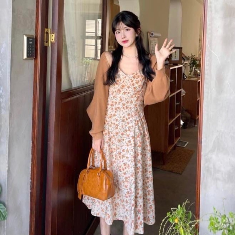 Set đầm hai dây maxi dài dáng suông nữ voan hoa nhí và áo cardigan tay dài cánh dơi trơn len- Order taobao quảng châu