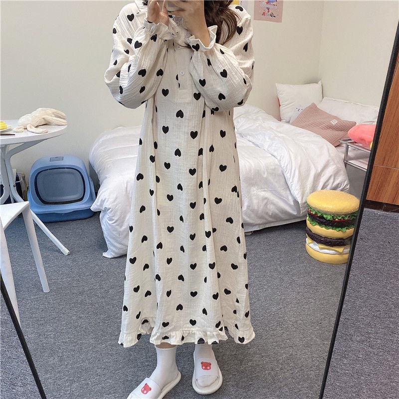 Đầm ngủ dáng rộng dài vừa phải thời trang xuân thu phong cách hàn quốc