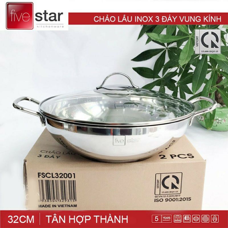 Nồi lẩu 3 đáy Inox 430 Fivestar Standard nắp kính (Size 26cm - 28cm - 32cm)