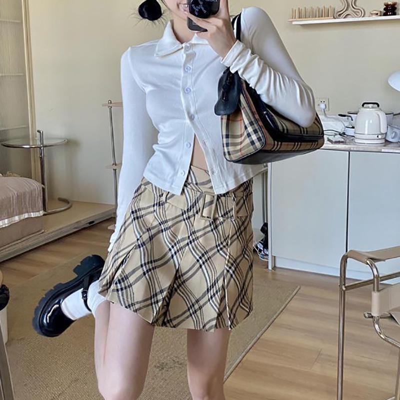 Áo cardigan IELGY cổ polo màu trơn dáng ôm/Chân váy phong cách retro thời trang