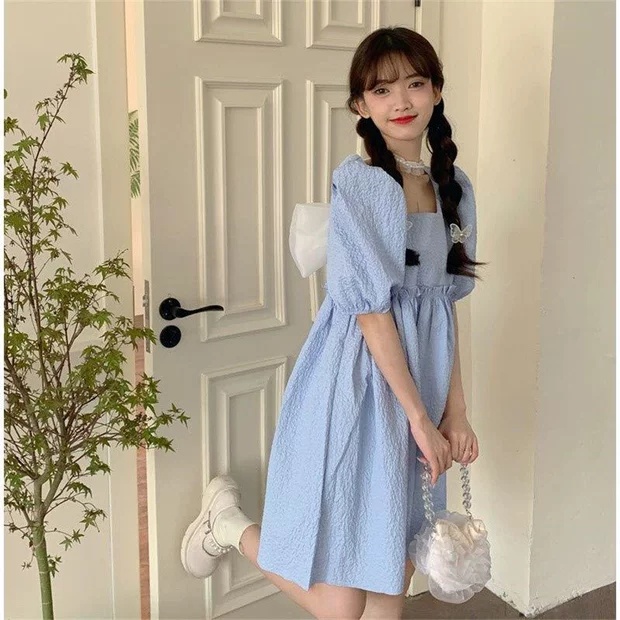 Váy cổ vuông, cổ nhọn kèm nơ thiết kế tay phồng, Đầm thời trang cao cấp sang trọng V104 | BigBuy360 - bigbuy360.vn