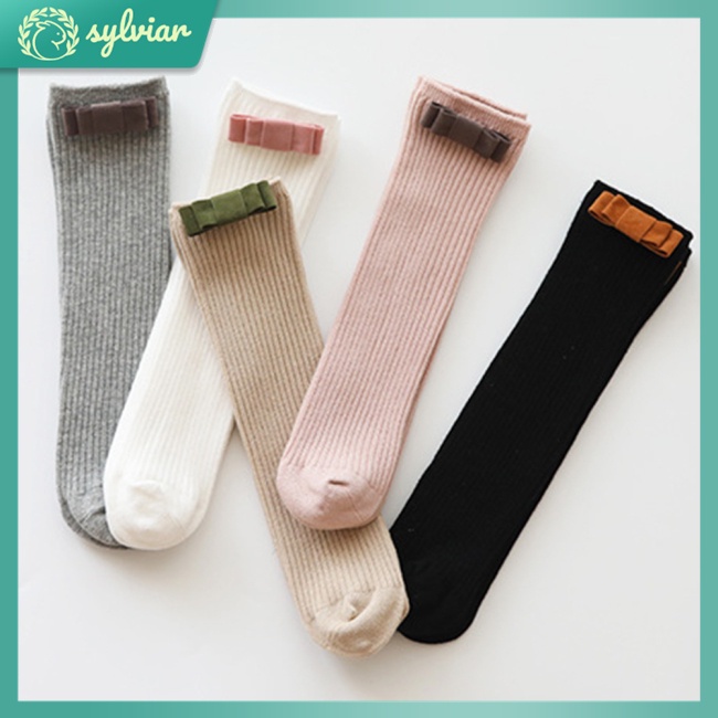 Vớ Dài Trung Bình Vải Lụa Flannel Đính Nơ Thời Trang Xuân Thu Cho Bé Gái