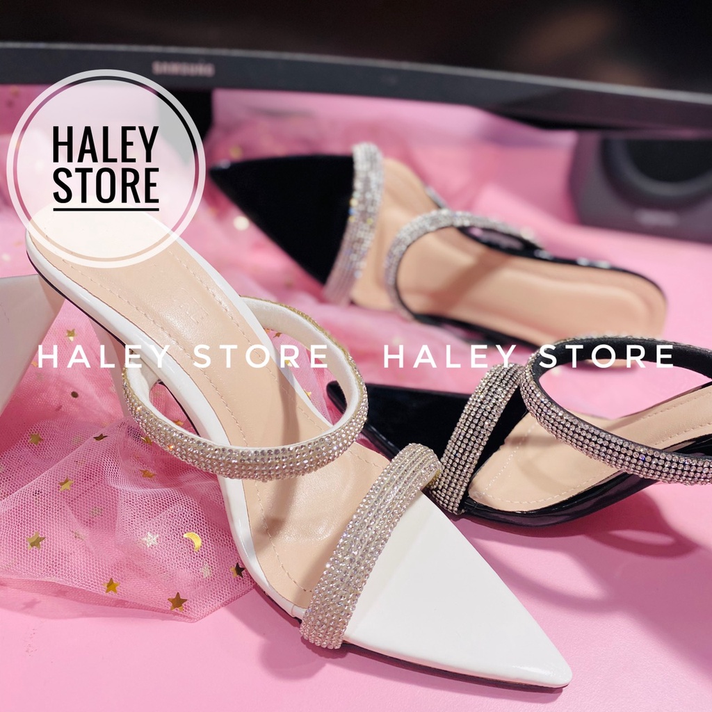 Giày cao HALEY STORE gót mũi nhọn hai quai đính đá xoàn lấp lánh đi chơi tiệc rẻ bền đẹp tiểu thư