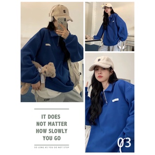 Áo sweater zip nam nữ dáng thụng cổ cao nỉ ngoại màu xanh logo ngực basic
