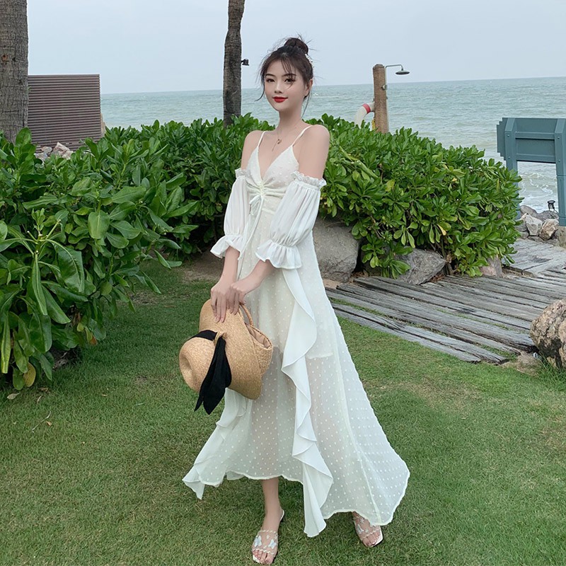 Đầm trắng xoè đi biển trễ vai hai dây công chúa T69 ( chưa mút ngực) | BigBuy360 - bigbuy360.vn