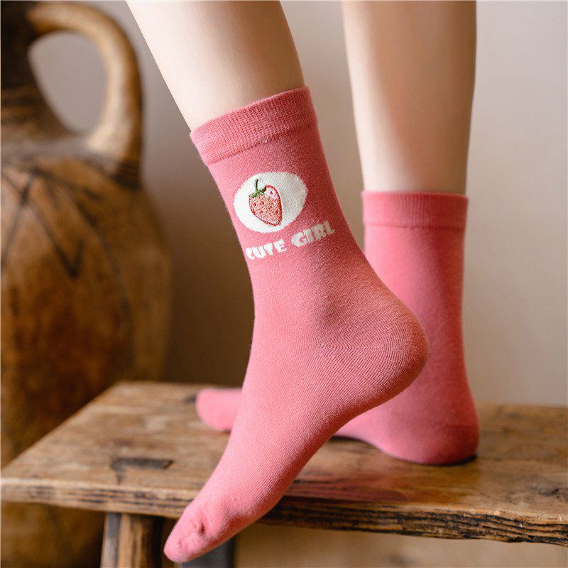 Tất nữ vớ cổ cao dâu tây hồng dày dặn mùa thu đông phong cách hàn quốc ngọt ngào