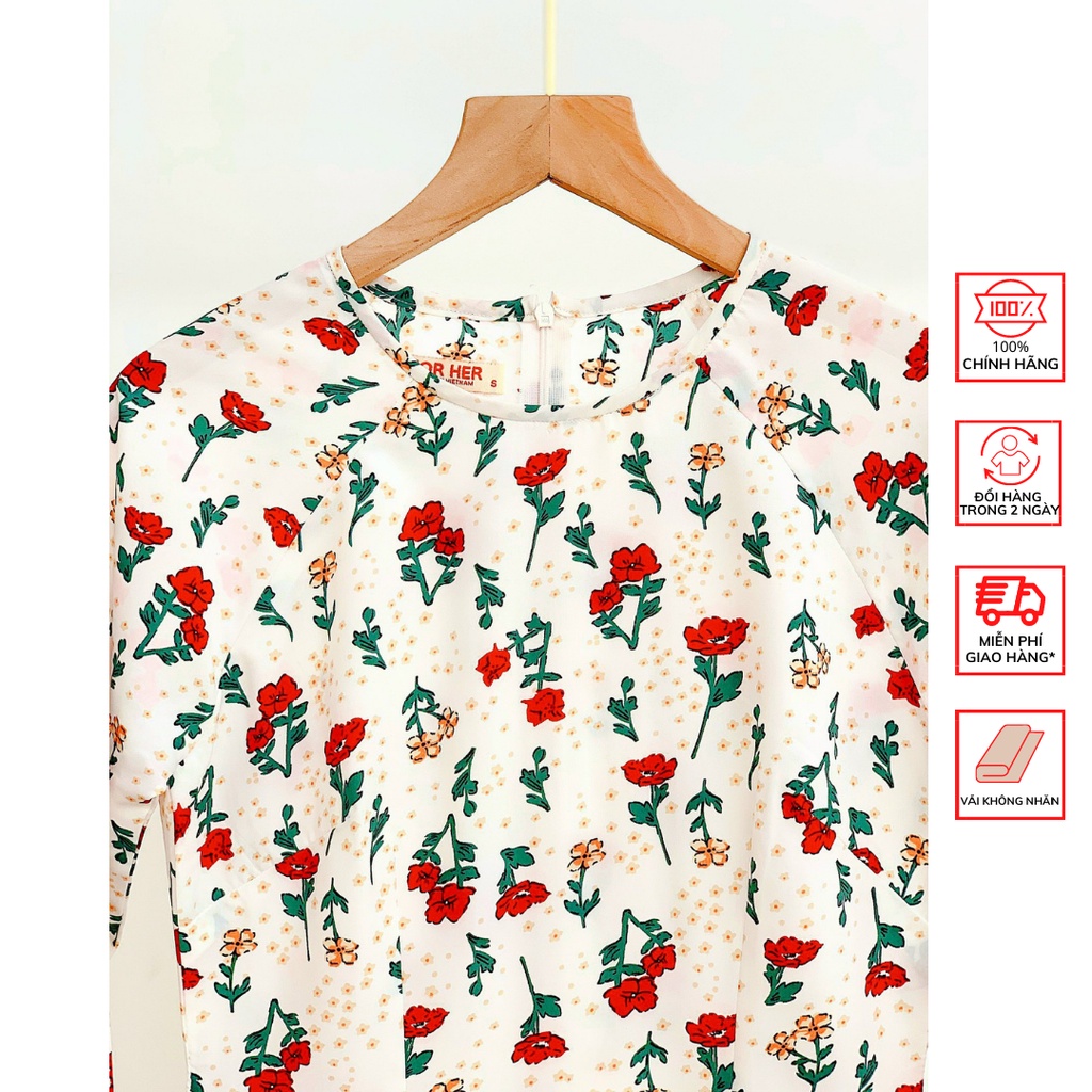 Áo Dài FOR HER Trắng Hoa Đỏ Cam AD01621