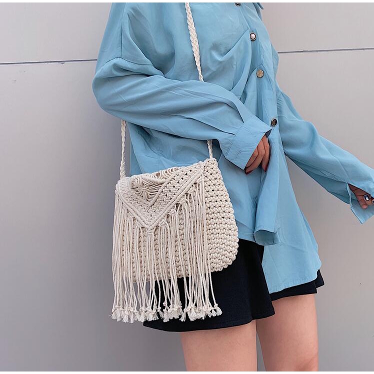 Túi dệt cotton thiết kế tua rua thời trang cho nữ