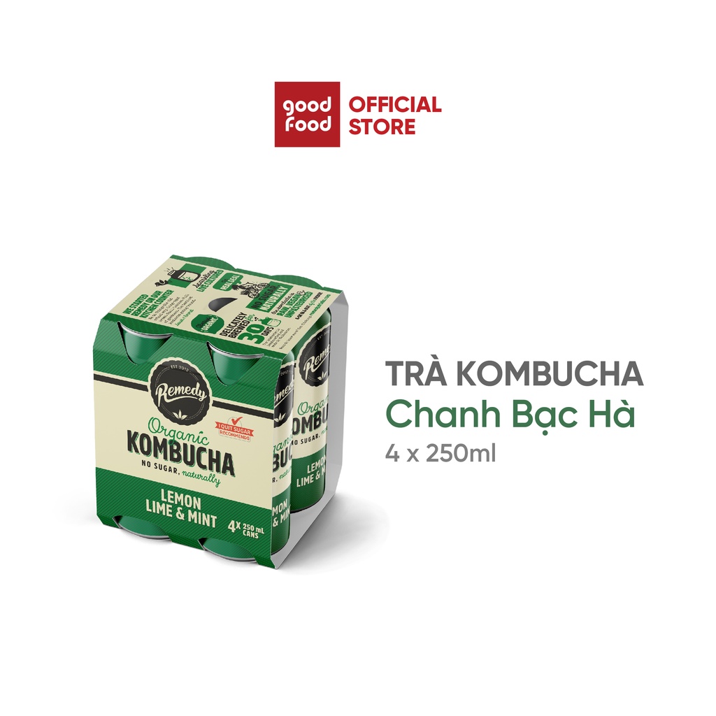 [Mã BMBAU50 giảm 7% đơn 99K] Lốc 4 lon Kombucha vị chanh bạc hà Remedy Lemon Lime &amp; Mint 250ml