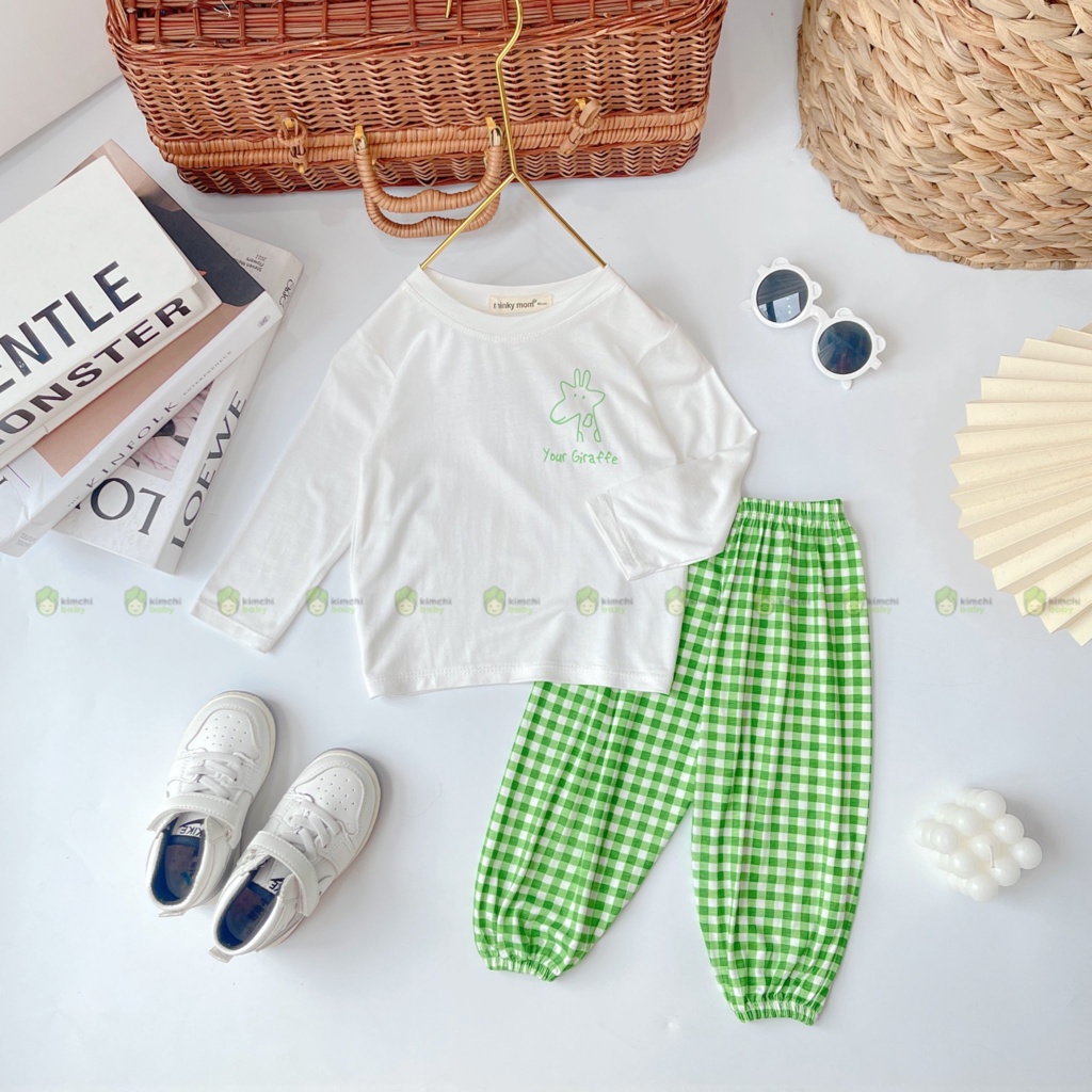 Bộ Thun Lạnh Dài Tay Cho Bé Gái, Bé Trai Minky Mom Hoạ Tiết In Ngực Quần Caro, Bộ Quần Áo Cho Bé Mặc Nhà MKMTD2214