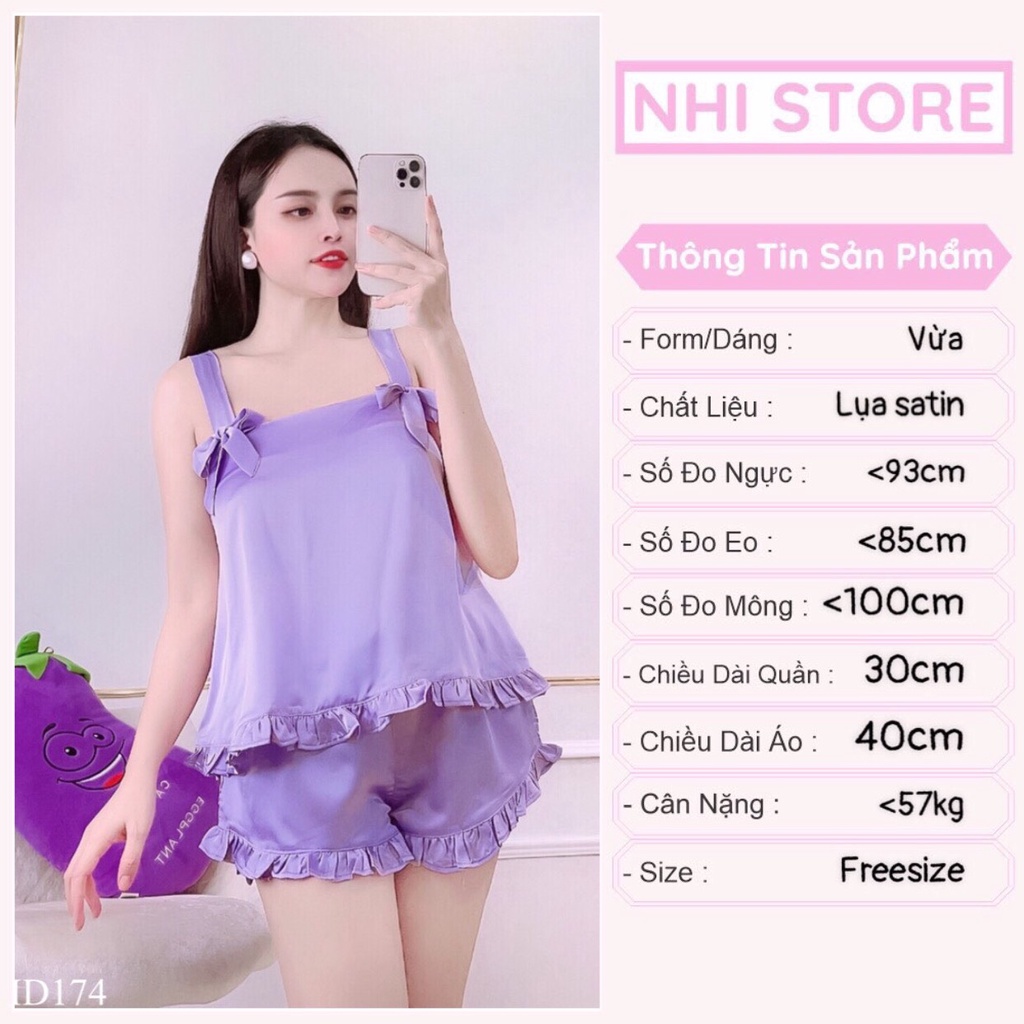 ( Freeship 50k ) Bộ Lụa Mặc Nhà Nhistore Quần Ngắn Áo 2 Dây Đính Nơ Dễ Thương Freesize Dưới 57kg