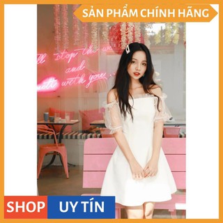 Đầm công chúa bánh bèo trễ vai phối lưới tay ngắn đính hạt siêu xinh