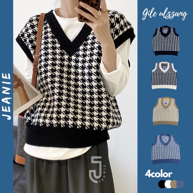 Áo gile ulzzang JEANIE hoạ tiết ziczac, áo len form rộng 4 màu cá tính chất len lông cừu đẹp