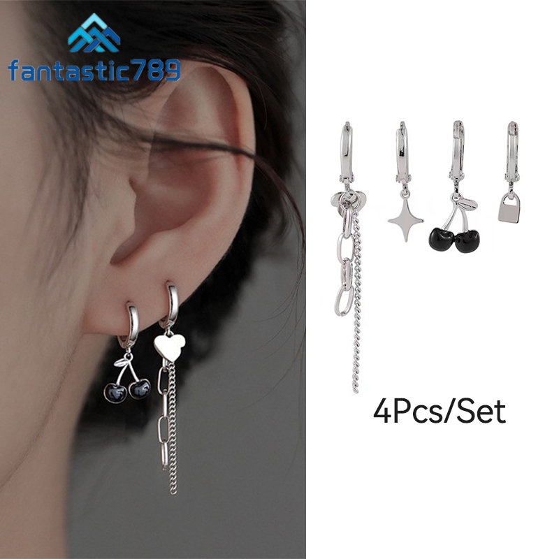 Set 4 Khuyên Tai Fantastic789 Hình Trái Tim Màu Đen Phong Cách Hàn Quốc Cho Nữ