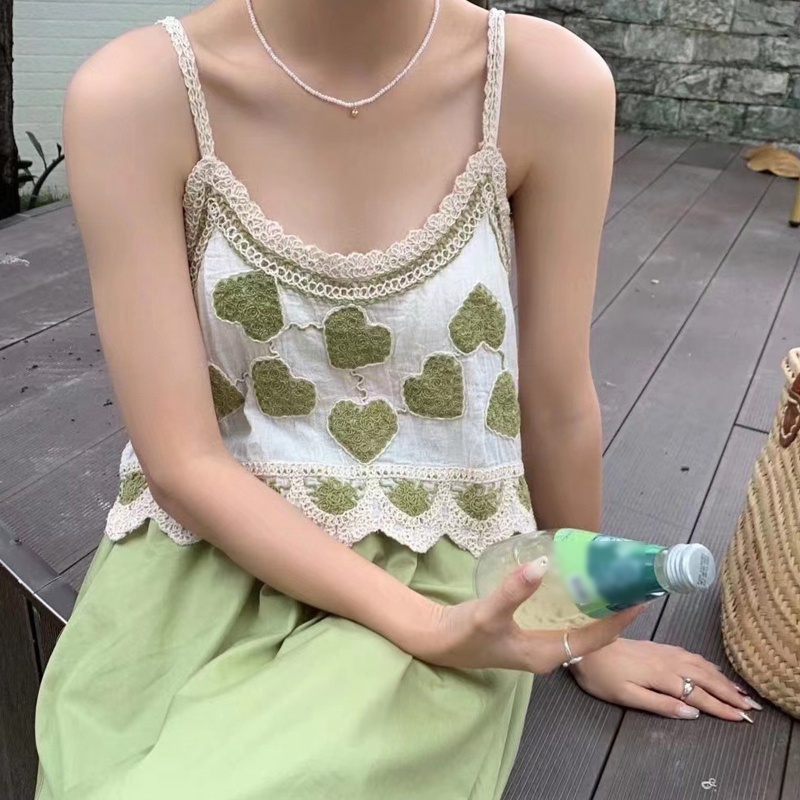 Áo Croptop Hai Dây Phối Ren Thêu Họa Tiết Trái Tim Ngọt Ngào Cho Nữ