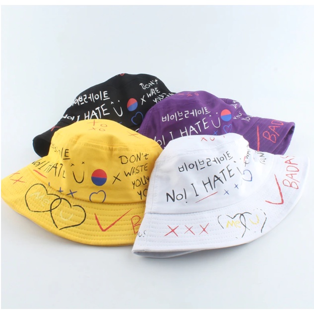 Mũ bucket graffiti phong cách Hàn Quốc, nón tai bèo vành tròn rộng form unisex nam nữ nhiều màu - B02