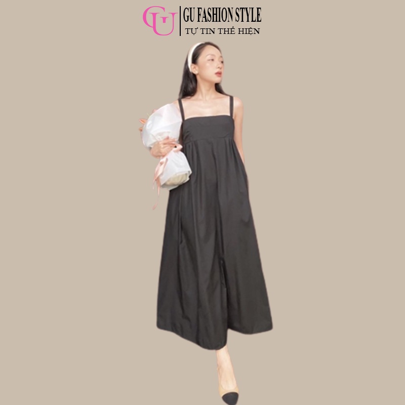 Đầm Maxi Nữ 2 Dây Thiết Kế Bo Chun Lưng Thoải Mái Chất Liệu Vải Thô Mềm Mát Màu Đen Mã GU113 - GU FASHION STYLE