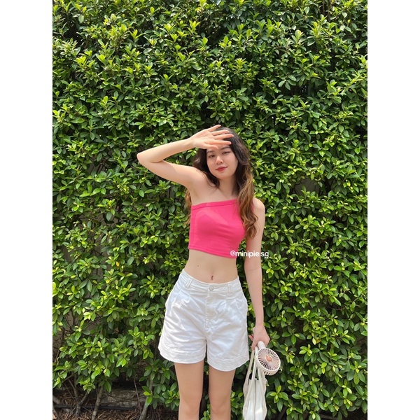 Áo Croptop Lệch Vai Kiểu Ôm Co Dãn Màu Hồng Hot Pink Mùa Hè
