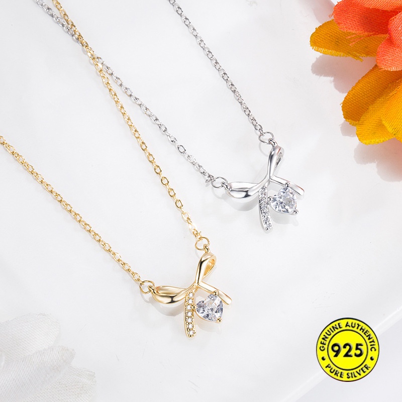 Vòng cổ Mạ Bạc 925 Mặt Hình Nơ Đính Kim Cương Nhân Tạo Thời Trang Cho Nữ