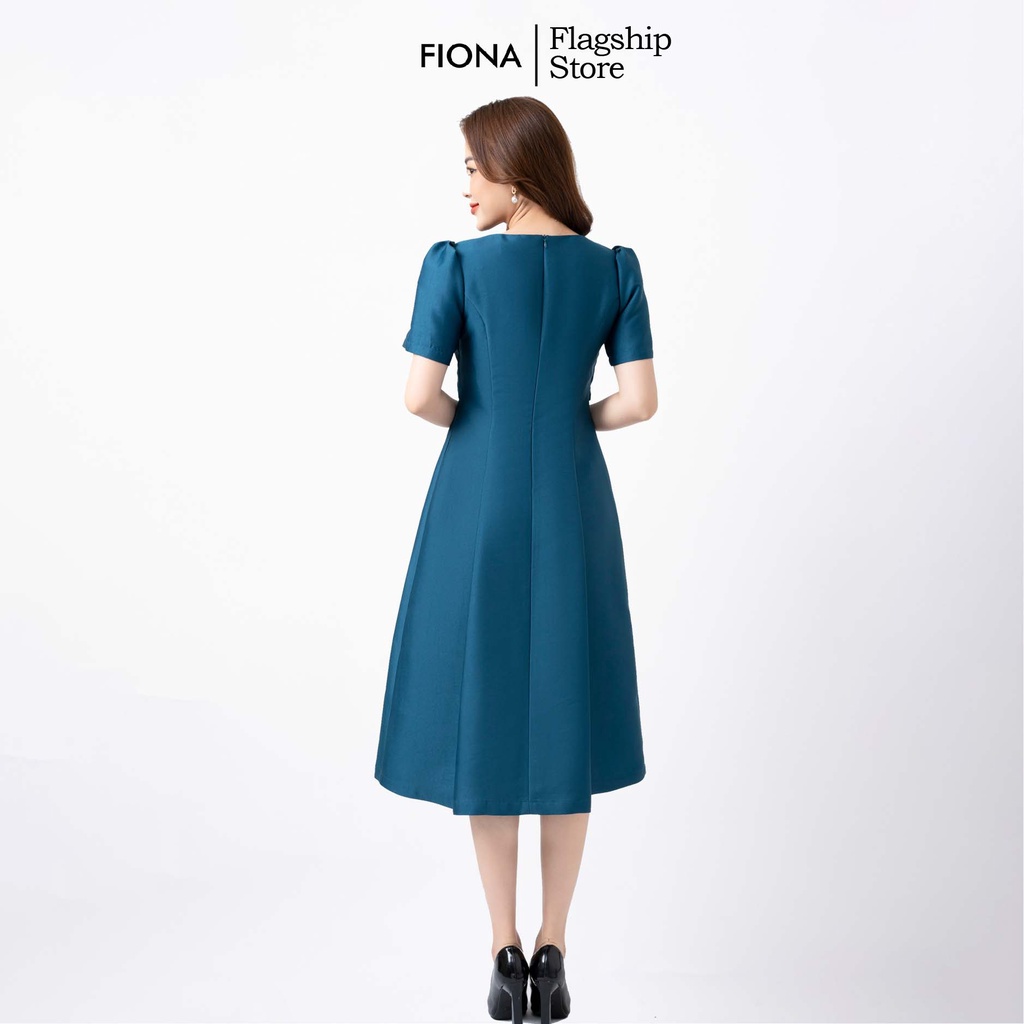 Đầm thiết kế cao cấp FIONA váy công sở nữ dáng dài tay ngắn ngực đính hạt trang trí trẻ trung L452013