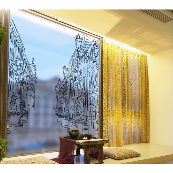 Decal trang trí kính cao cấp tranh vẽ Nhà trắng đen ( 60cm x 58cm )