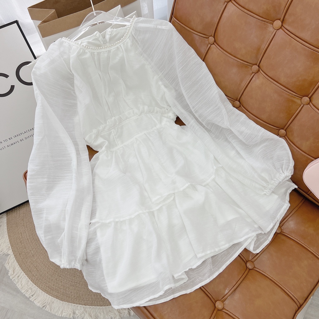 ĐẦM XẾP NHÚM CỔ CHẠY VIỀN HẠT TAY BỒNG