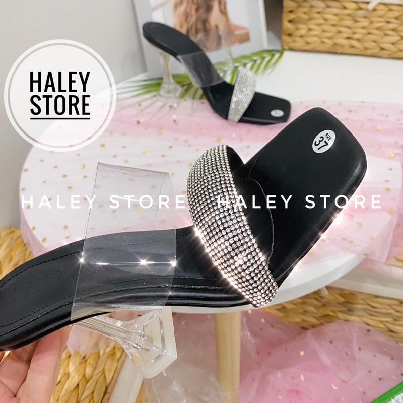 Guốc nữ HALEY STORE quai trong suốt đính đá xoàn lấp lánh gót ly 9cm mũi vuông sang chảnh tiểu thư rẻ bền êm