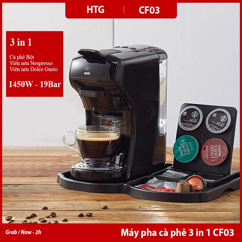 Máy pha cafe CF03 đa năng 3 trong 1, sử dụng viên nén Nescafe Nespresso, Dolce Gusto hoặc cà phê bột, 19bar-1450W