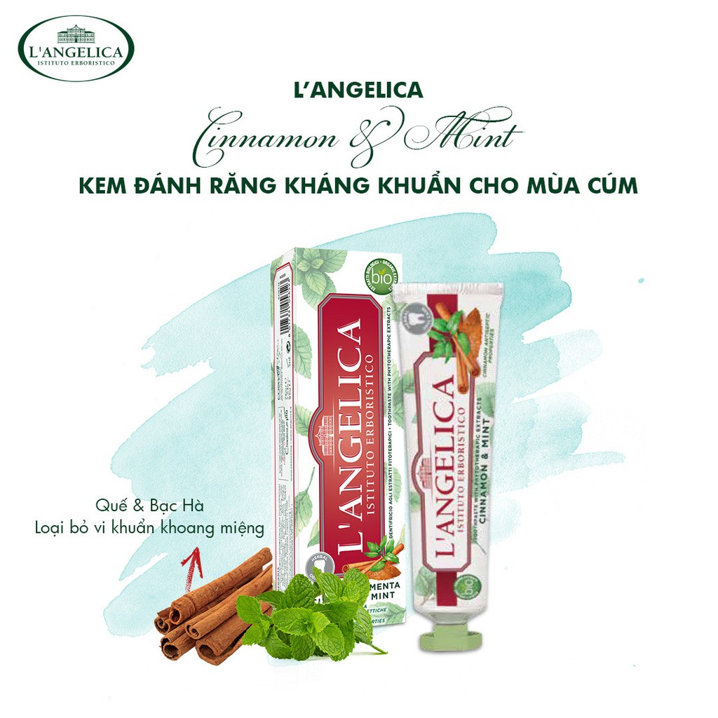 Kem Đánh Răng Thảo Dược Nhập Khẩu Ý (Bạc Hà &amp; Các Loại Thảo Mộc) L'Angelica | Thơm Miệng, Ngừa Sâu Răng &amp; Ê Buốt (75ml)