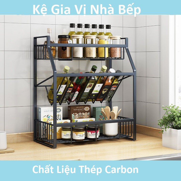 Kệ Đựng Gia Vị 3 Tầng Chất Liệu Thép Carbon, Kệ Để Đồ Nhà Bếp - TAB03