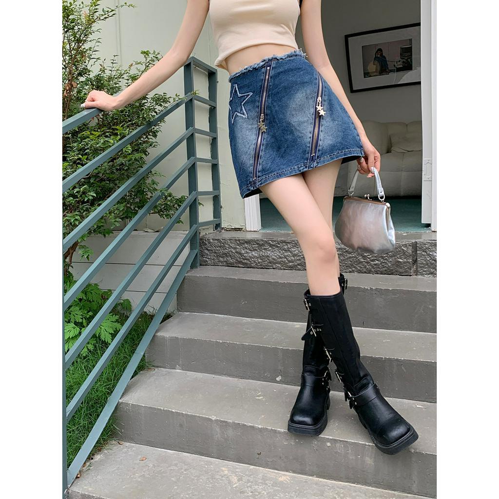 Lalisas Chân váy jean Ngắn Chữ A Lưng Cao Họa Tiết Ngôi Sao Viền Thô Phong Cách retro Cho Nữ
