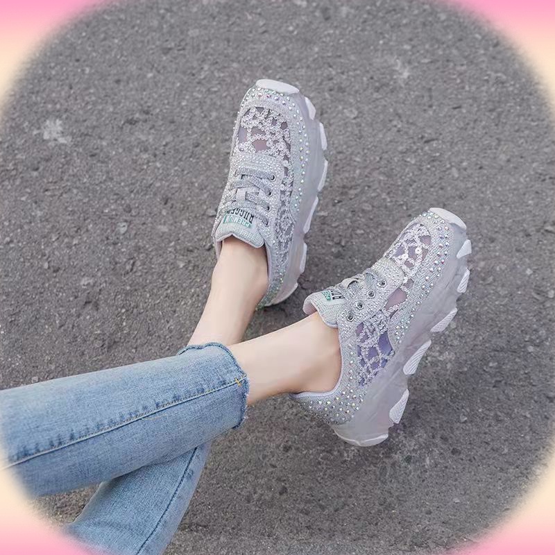 Giày Thể Thao Mùa Hè Thoáng Khí Đế Phối Đá Kim Sa Lấp Lánh Phong Cách Mới Cho Nữ