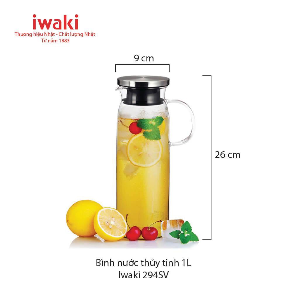 Bình nước thủy tinh Iwaki 1L có quai (thân trơn) - Thương hiệu Nhật - Chất lượng Nhật