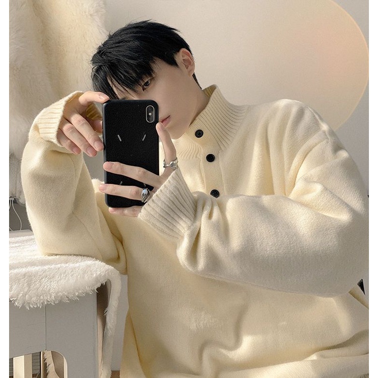 Áo Sweater Cổ Polo Dáng Rộng Màu Trơn Cài Nút Thời Trang Mùa Thu Cho Các Cặp Đôi